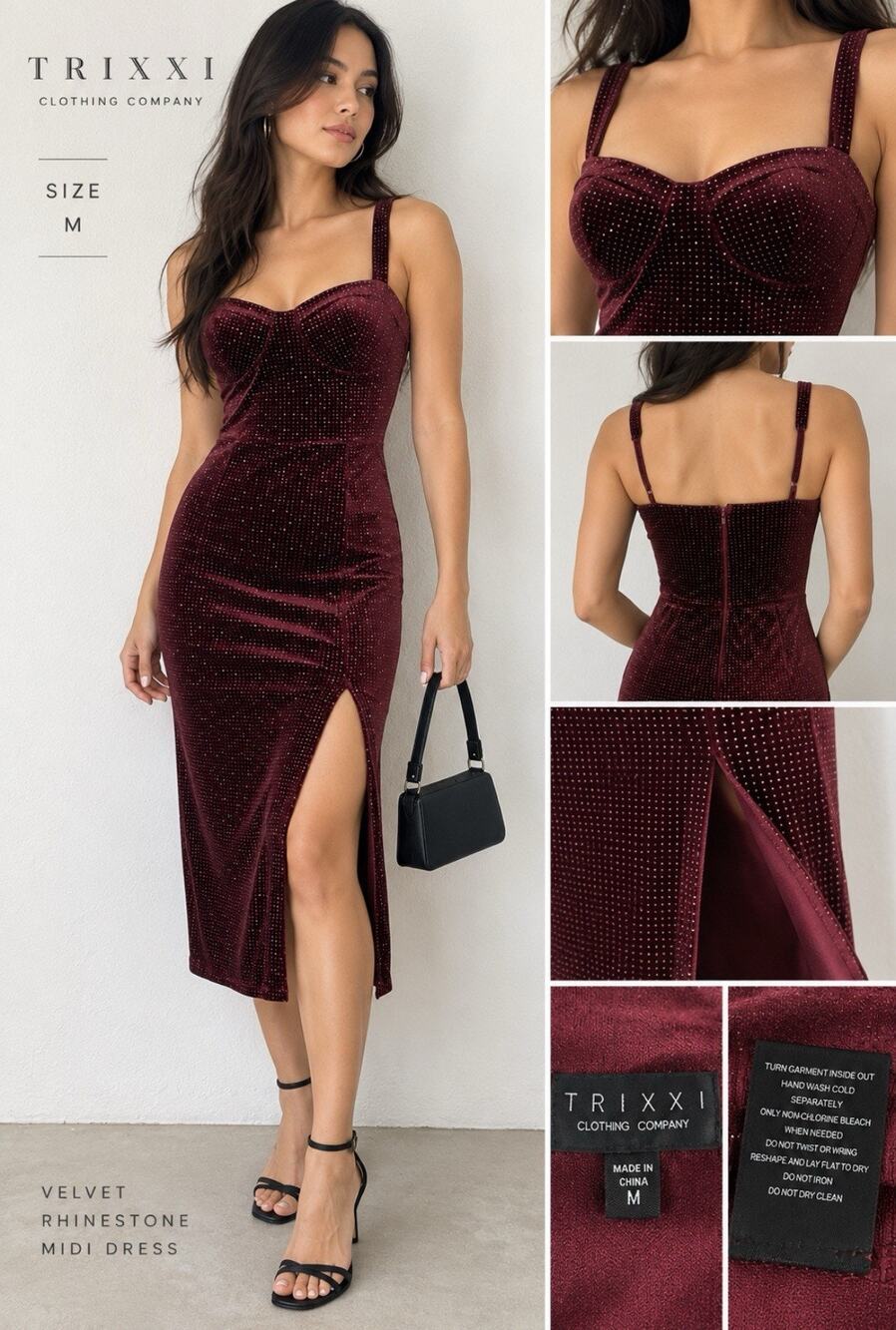 Y2K 2000s Trixxi Velvet Rhinestone Bodycon Midi Dress Size M Burgundy Sparkle